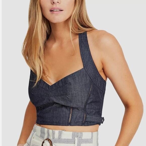 Free People Tightly Bound Cotton Cropped Top - Blue Denim - Size S - Picture 1 of 6